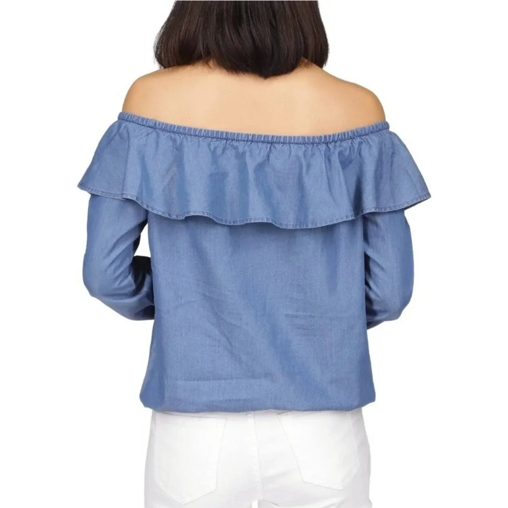 Michael Kors Off Shoulder Ruffle Long Sleeve Top Chambray Blue Size PS NWT $98‎
